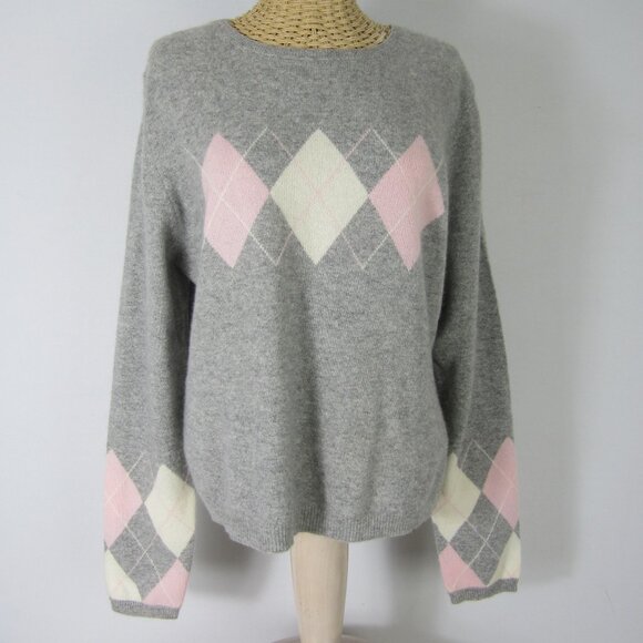 Vtg Lord & Taylor Women XL Gray Pink Argyle 2ply Cashmere LS Pullover Sweater - Picture 1 of 9